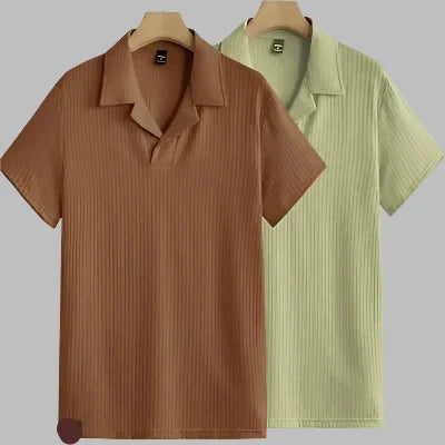 Stylish Polyester Blend Solid Polos T-Shirt For Men in Combo Color
Sizes: S, M, L , XL  which fit for you.
Color: Brown+Light Gree, Brown+Light Pink Combo color glaze your look
Fabric: Polyester Blend sturdy style
Type: Polos a brand
Style: Solid indicate strudiness 
Design Type: Polos
Sleeve Length: Short Sleeves
A polo t-shirt is a classic and versatile piece of clothing that can be dressed up or down. It features a collared neck, short sleeves, and a button-up placket at the front. This t-sh